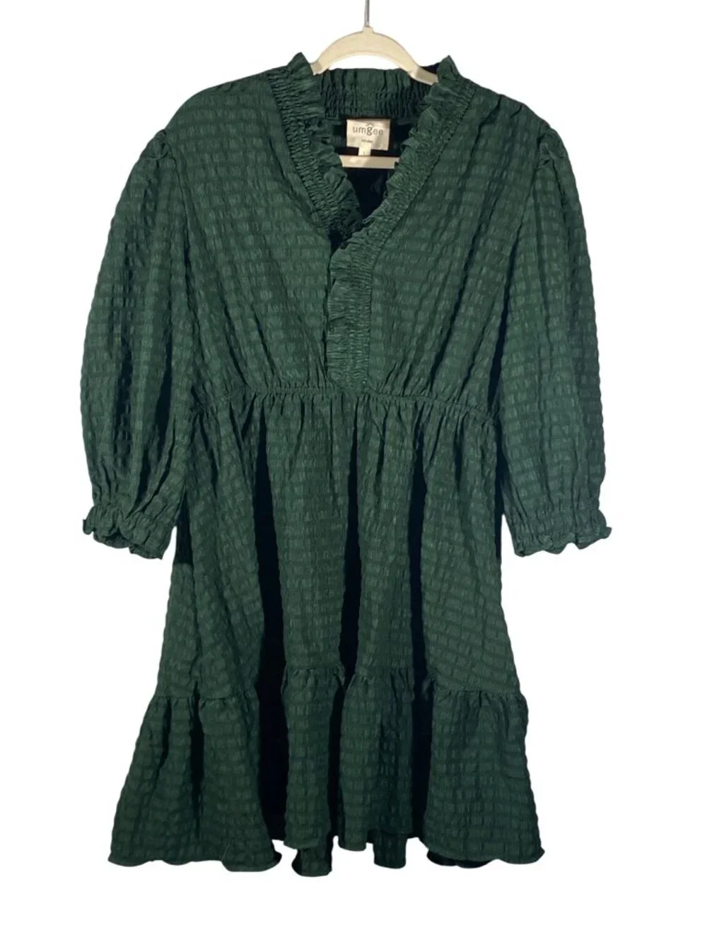 Umgee Green Smocked Waist Mini Dress With Ruffle Trim & Long Sleeves Size L - Picture 2 of 10
